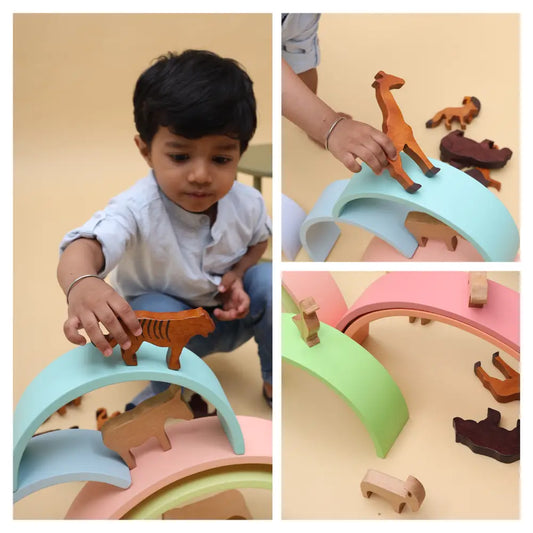 Children engaged in quiet, screen-free play with wooden toys during Ramadan afternoons